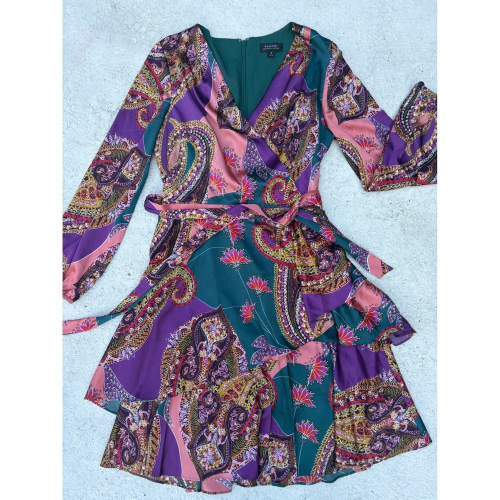 Tahari Arthur S Levine Paisley Floral Wrap Ruffle Dress Teal Purple Pink Size 8